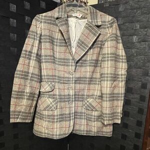 Vintage Leslie Fay Blazer Womens Sz 8 Gray Plaid Preppy Mod That Girl 70’s
